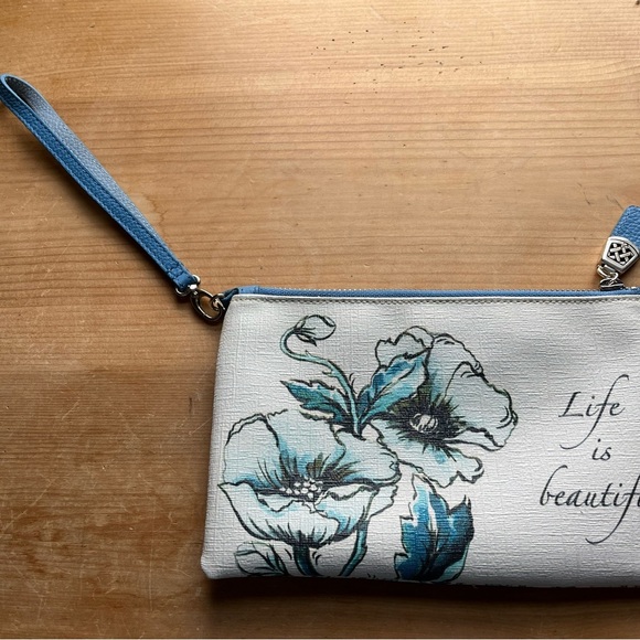 Brighton Bella Life is Beautiful Wristlet White Blue Floral Phone Bag Purse - Picture 2 of 12